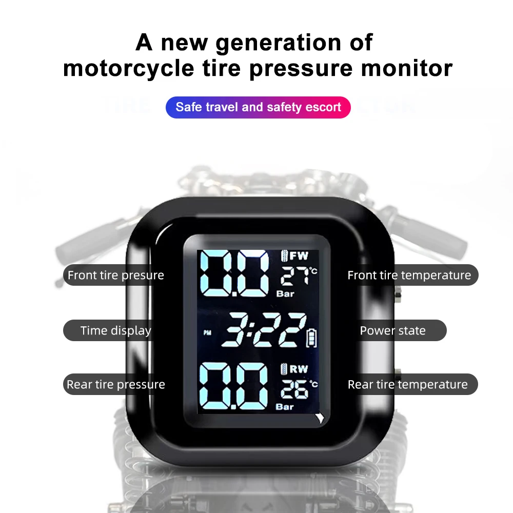 Sistema de alarme de monitoramento de pressão de pneus de motor, display lcd sem fio, tpms, testador de temperatura de pneus de motocicleta