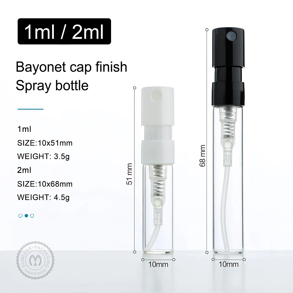 100/200pcs 1ml 2ml Bayonet Glass Perfume Spray Bottles Fragrance Sample Black White Perfume trial bottle Print LOGO Pay Extra