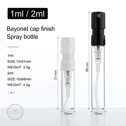 Imagen 2 del producto 100/200 Uds 1ml 2ml botellas de vidrio de bayoneta para Perfume en aerosol muestra de fragancia botella de prueba de Perfume blanco y negro logotipo impreso paga Extra