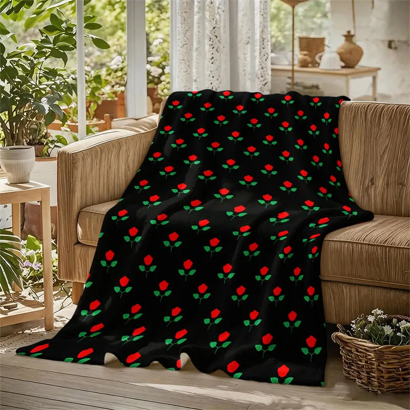 Red Rose Minimal Print Flannel Blanket Warm Soft Halloween Christmas Decorative Couch Warm Cozy All-Season Gift