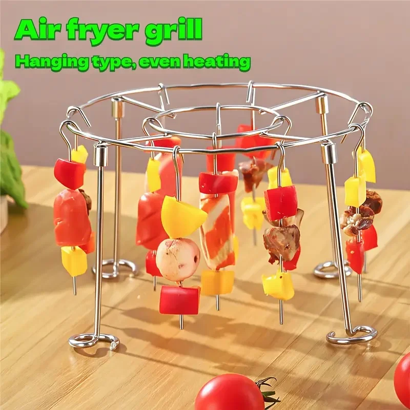 Air Fryer Grill Set: 304 Steel Vertical Grill + 24 Skewers. Grill Kabobs Evenly Indoors/Outdoors. Fits 3-6QT Models.