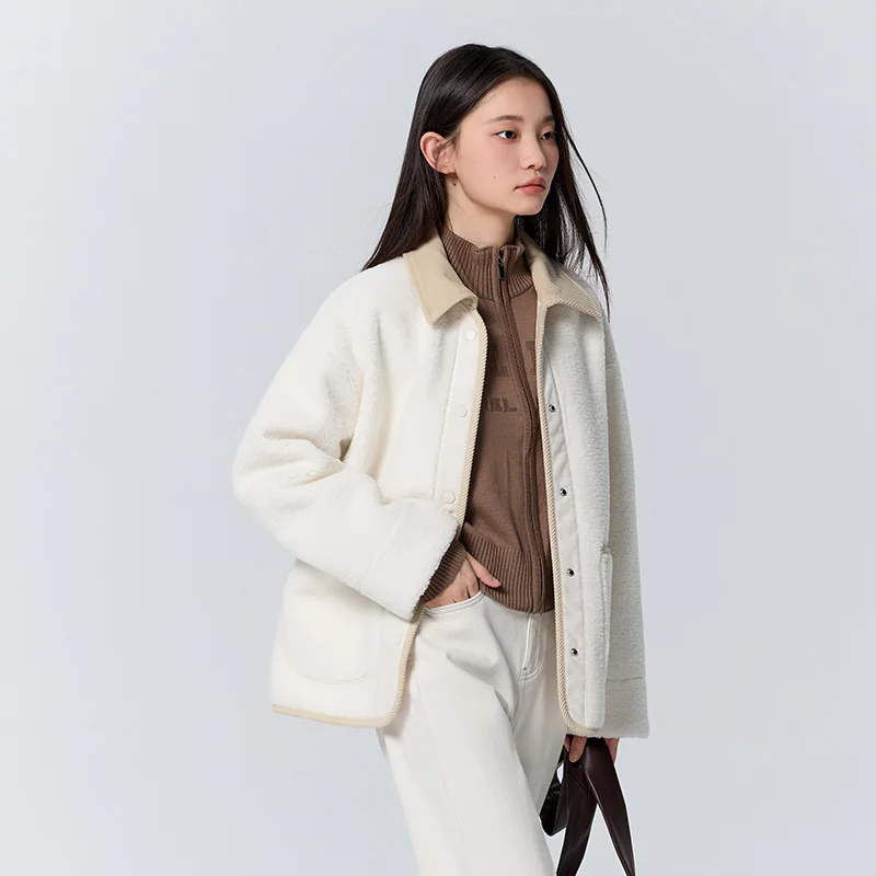 Semir Coat Women Winter Imitation Lamb Wool Imitation Suede Contrasting Color Turn-Down Collar Retro Loose Dropped Shoulder Top