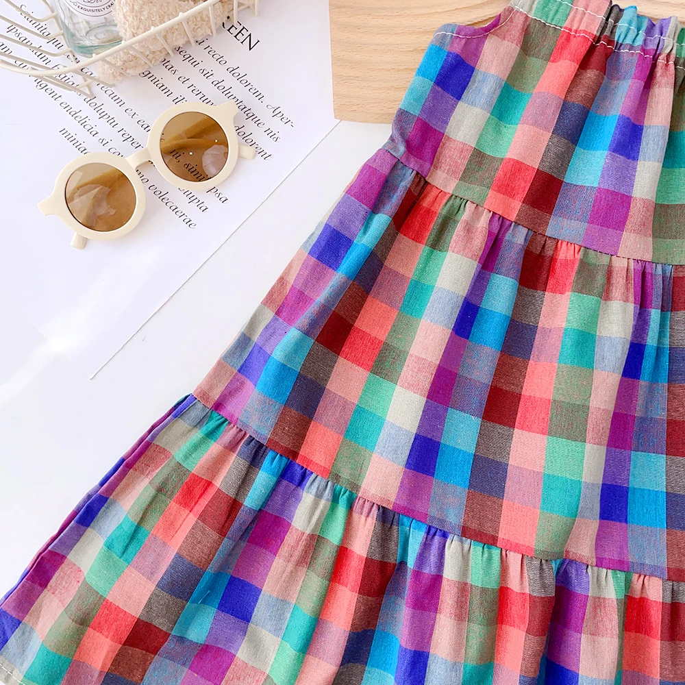 Girls\' Set 2023 Summer New Casual Dress Colorful Plaid Strap Dress Sleeveless Princess Dress Girls\' Fashion Dress