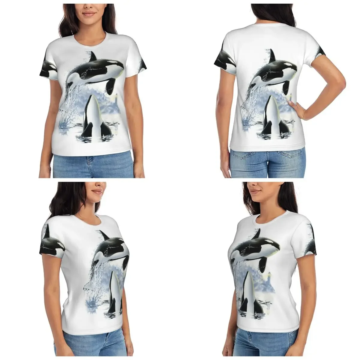 Orca Killer Whale Flies Or Jumps Oves The Ocean T-Shirt Women Short Sleeve T Shirts Round Neck Streetwear