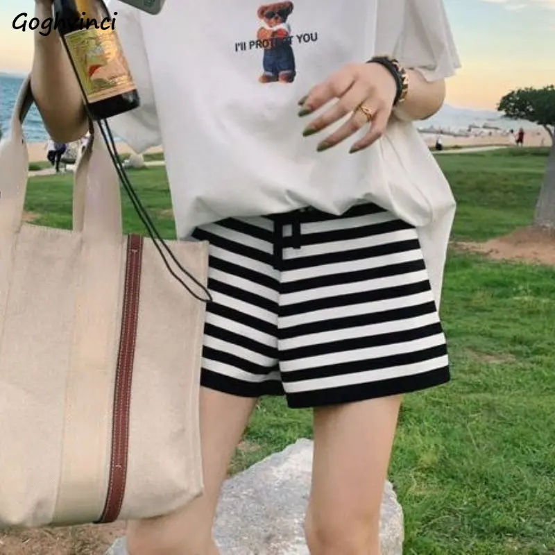

Striped Shorts Women Knitting Summer Loose All-match Elastic Waist Popular Korean Style Female Simple Comfortable Daily Casual
