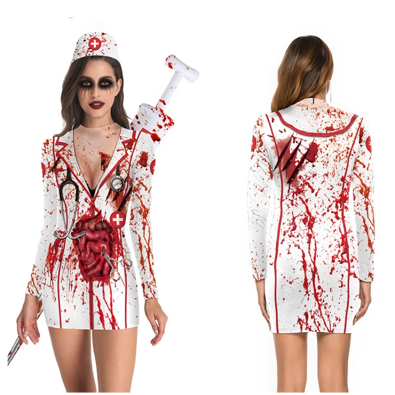 

Halloween Horror Bloed Verpleegster Uniform Cosplay Kostuums Vrouwen Meisjes Jurk Print Kous Rok Feest Carnaval Maskerade Pak