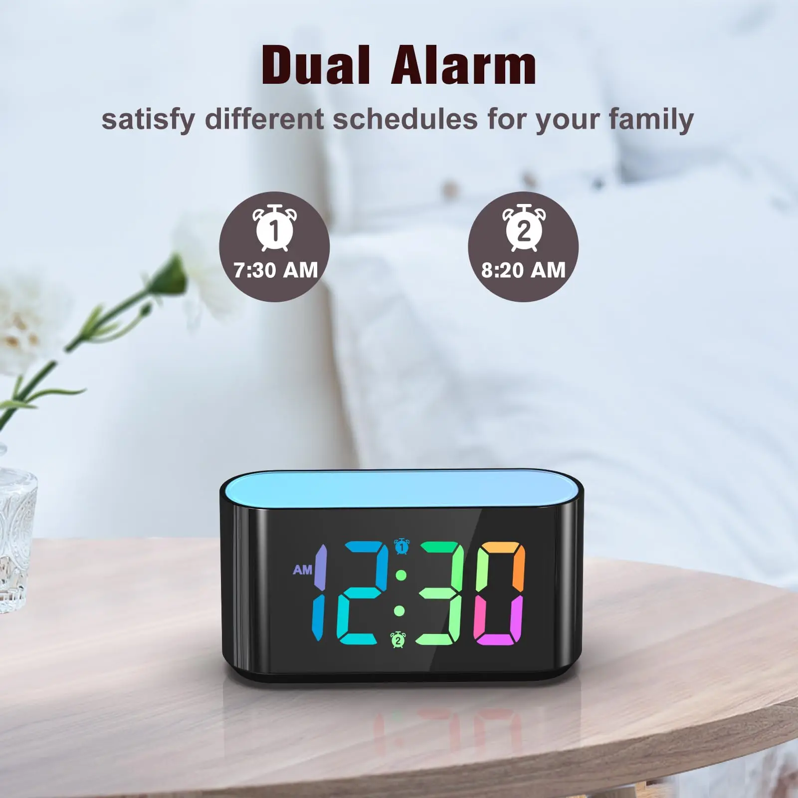 

KERCHAN Rainbow Digital Alarm Clock for Bedroom, Large Display with Dimmer, Large Night Light with 7 Colors, Colorful Clock