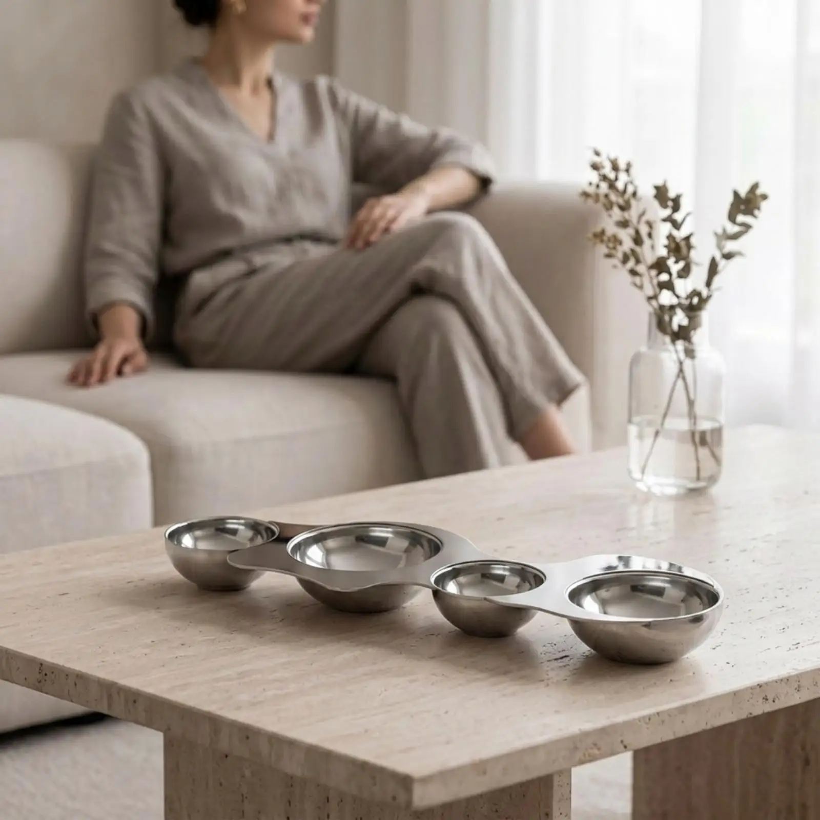 Four-Bowl Snack Platter Stainless Steel Multi-Bowl Serving Tray Mirrored Finish Appetizer Tray with Compartments for Caterers,