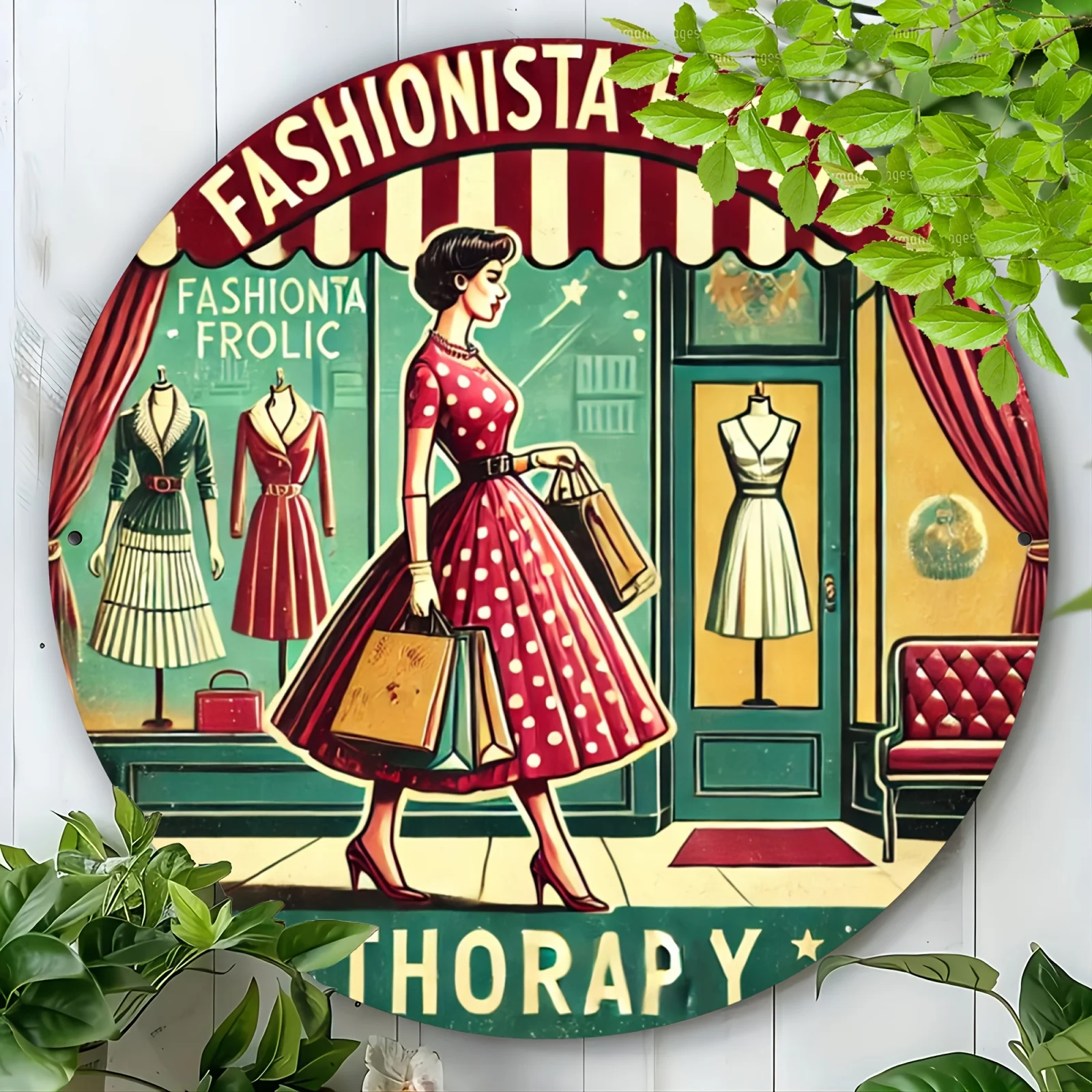 1 Stück Vintage Fashionista Frolic Rundes Aluminiumschild – 20,3 x 20,3 cm (20 x 20 cm), wiederverwendbare Wandkunst mit Retro-Stil für Zuhause, Küche, Be