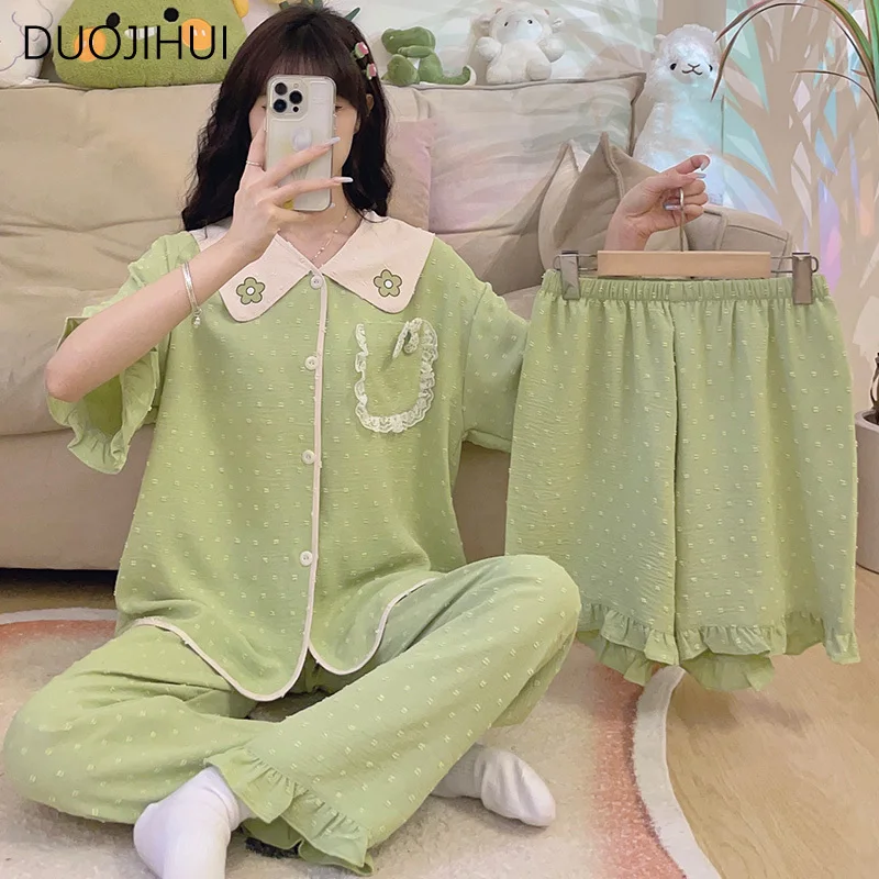 DUOJIHUI Summer Two Piece Chicly Lace Home Pajamas for Women Sweet Basic Button Cardigan Simple Pant Fashion Female Pajamas Sets