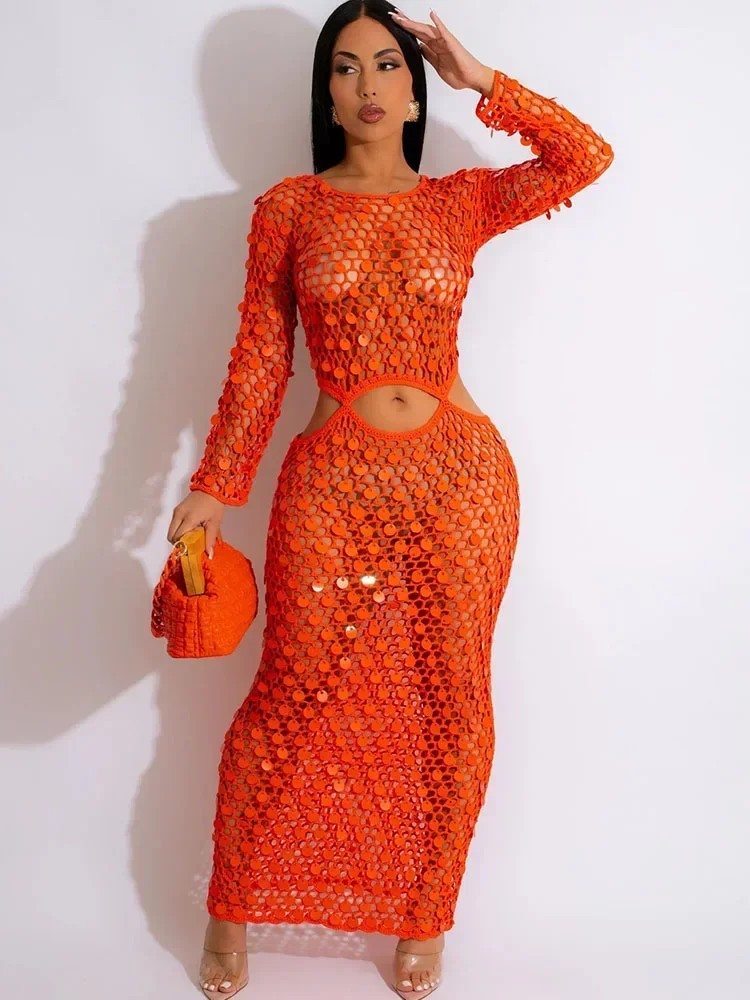 Sexy Sequined Crochet Knitted Beach Dress for Women Summer See-through Cover Up Bodycon Maxi Dress Vacation Club Party Dresses