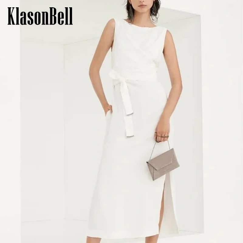 

5.7 KlasonBell Fashion Holiday Beach Split Dress Solid Linen Bandage Criss Cross Temperament Maxi Dress Women