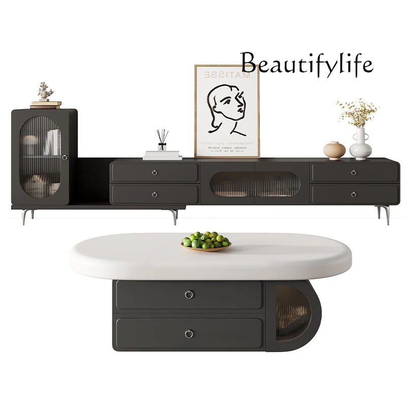 

French Retro TV Cabinet and Tea Table Combination Simple Black Modern Solid Wood Antique Style Living Room