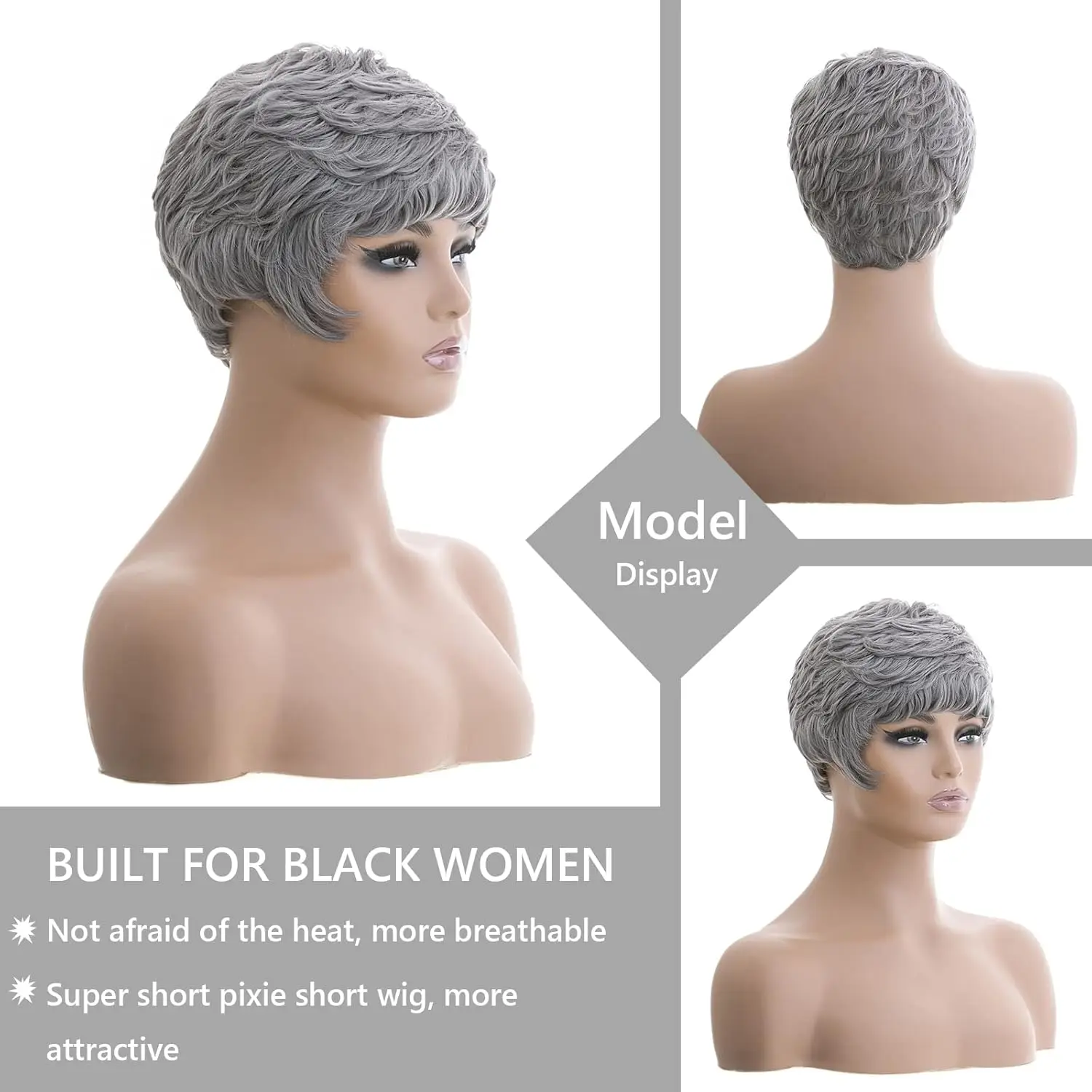 Short Grey Pixie Cut Wigs for Pixie Cut Short Wavy Layered Wavy synthetic Wigs Short Wigs (Grey)