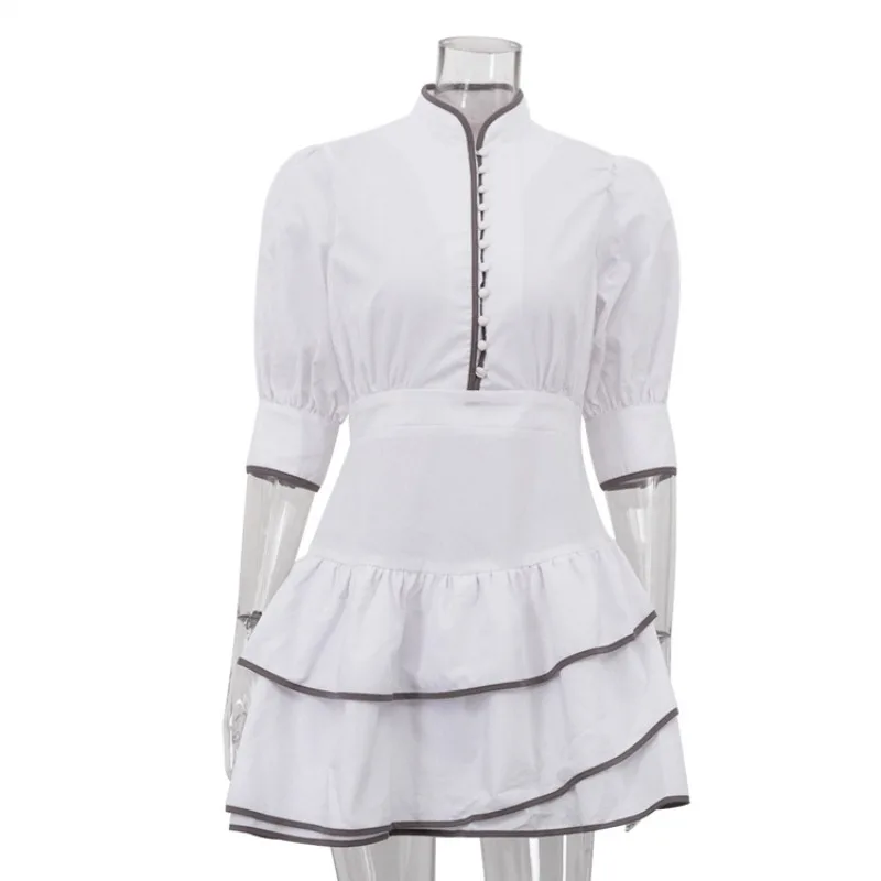 Mulheres elegantes espartilho plissado mini vestido y2k vintage meia manga puff gola único breasted em camadas flowy a linha vestido