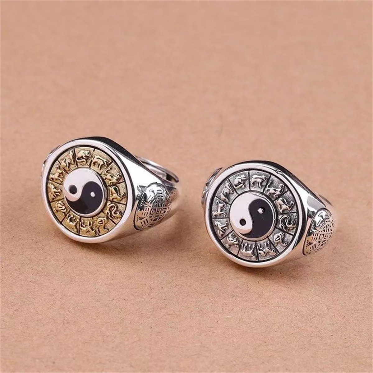 Classic Yin Yang Tai Chi Retro Ring Zodiac Qian Cool Kun Bagua Rotatable Adjustable Opening Finger Ring Lucky Auspicious Jewelry