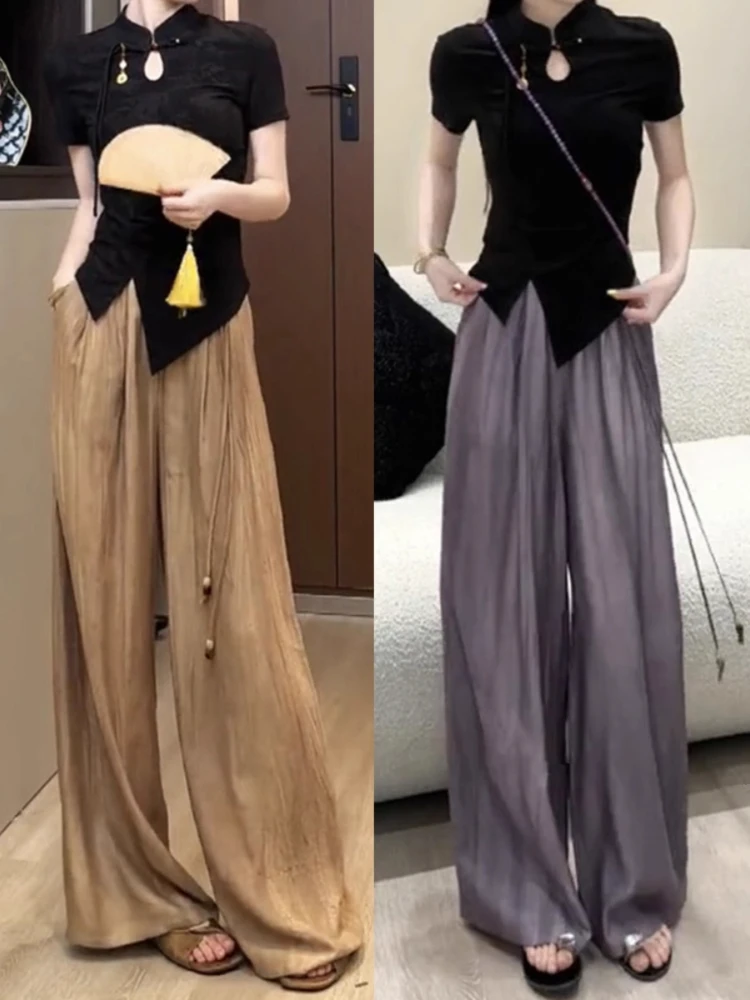 

Faionable Wide Leg Pants Women's Casual Loose Dyeing Leather Pants High Waist Long Trousers Autumn Winter New Arrival