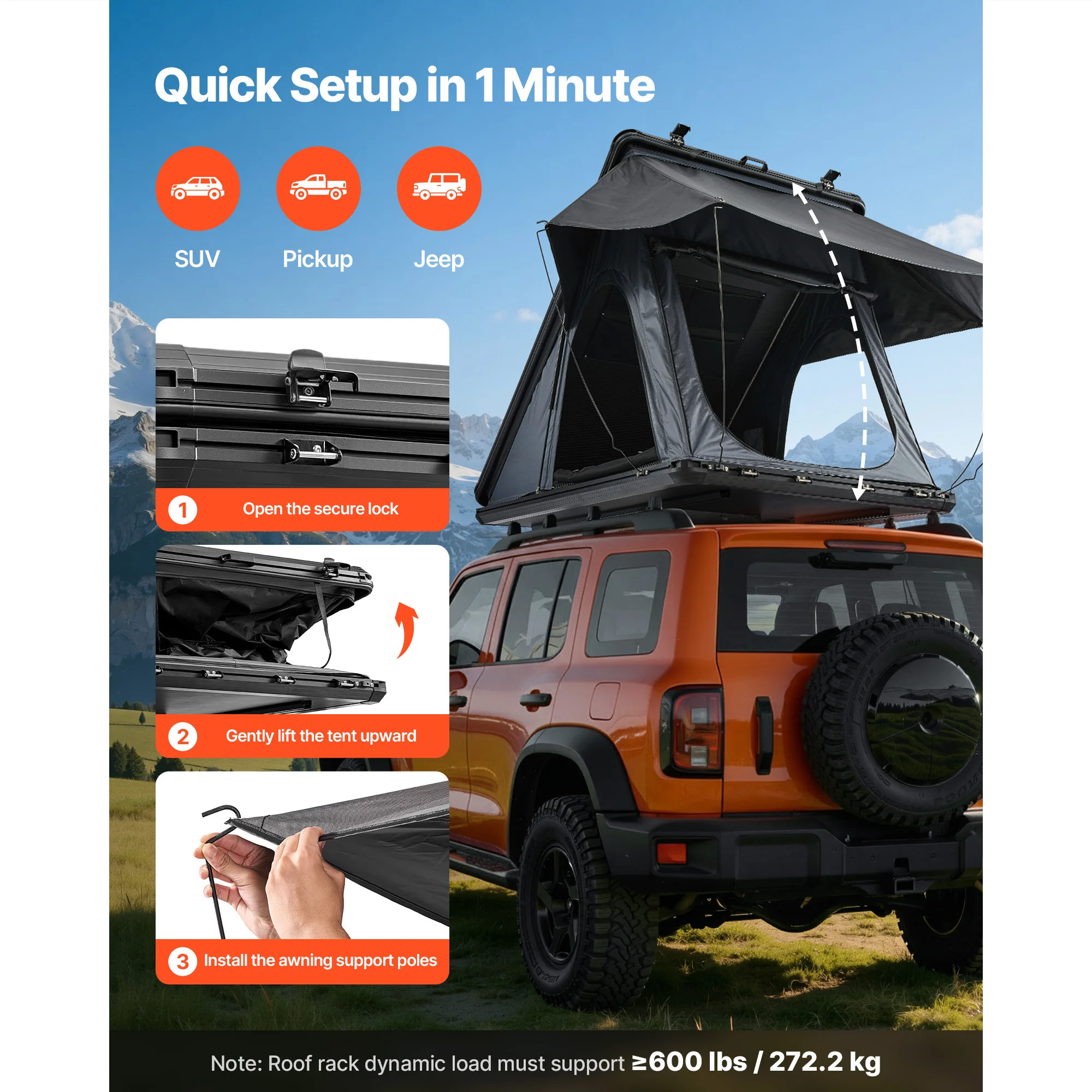 Rooftop Tent Hard Shell, 2-3 Person Aluminum Roof Top Tent Hardshell with Tri-Color LED Light & Thick Mattress, Waterproof Windproof Overland Camping Car Roof Rack Suitable for Jeep SUV Pickup