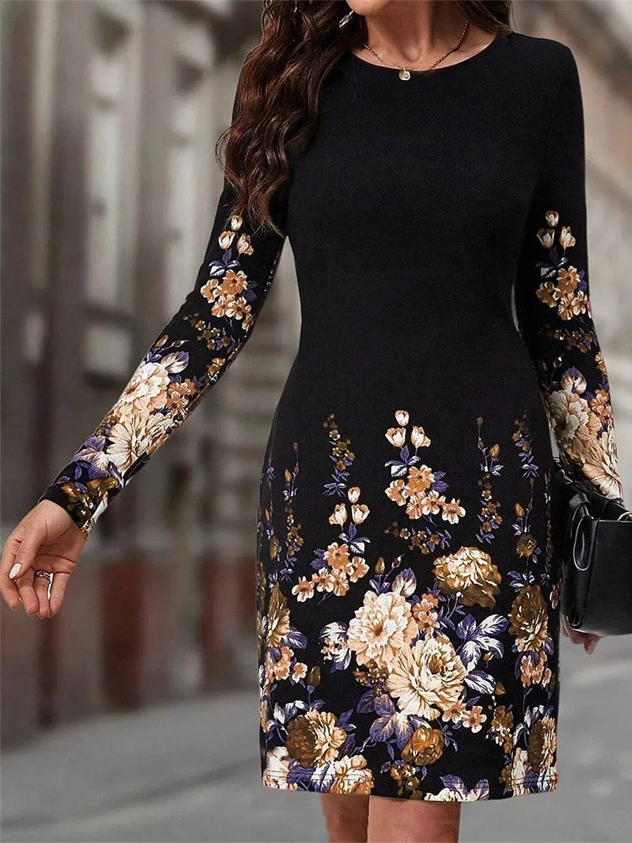 2024 Nowa jesienno-zimowa sukienka damska O Neck Flower Print A-Line Long Sleeve Loose Dress Casual Fashion Elegant Ladies Mini Dresses