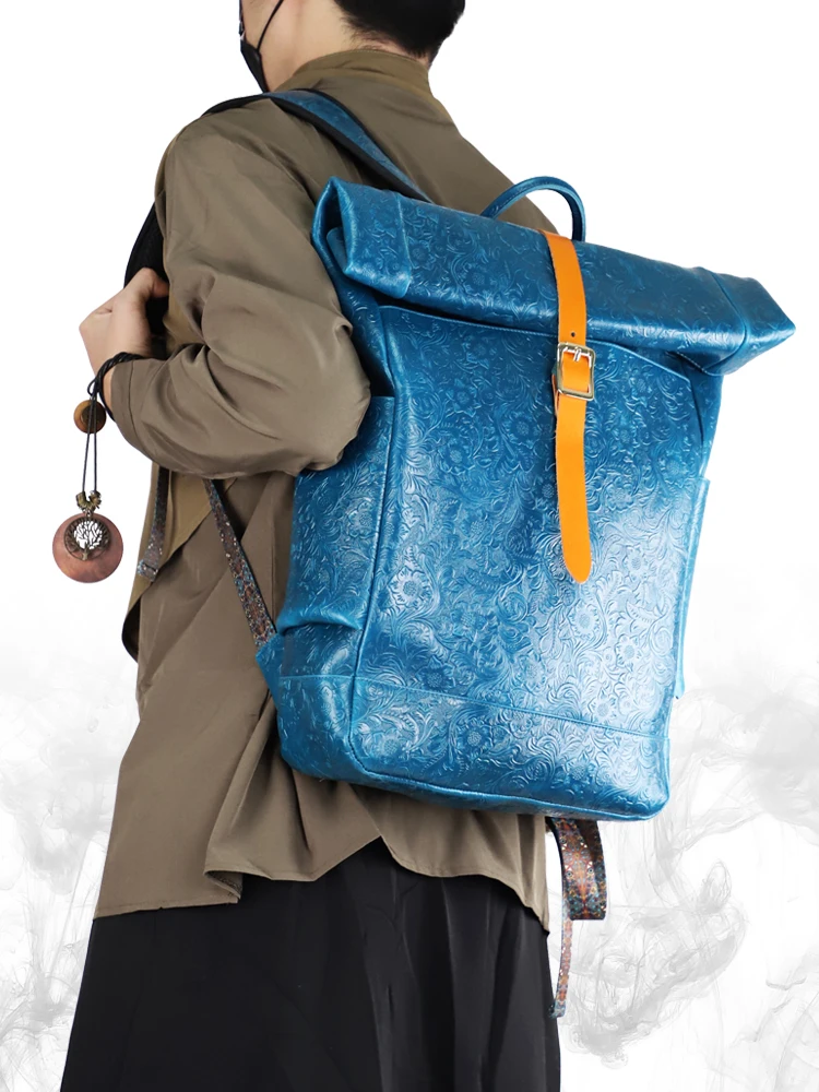Cowhide Leather Curling Men's Backpack Trendy Genuine Leather Riding Backpack Hiking Backpack Computer Bag Functional Schoolbag