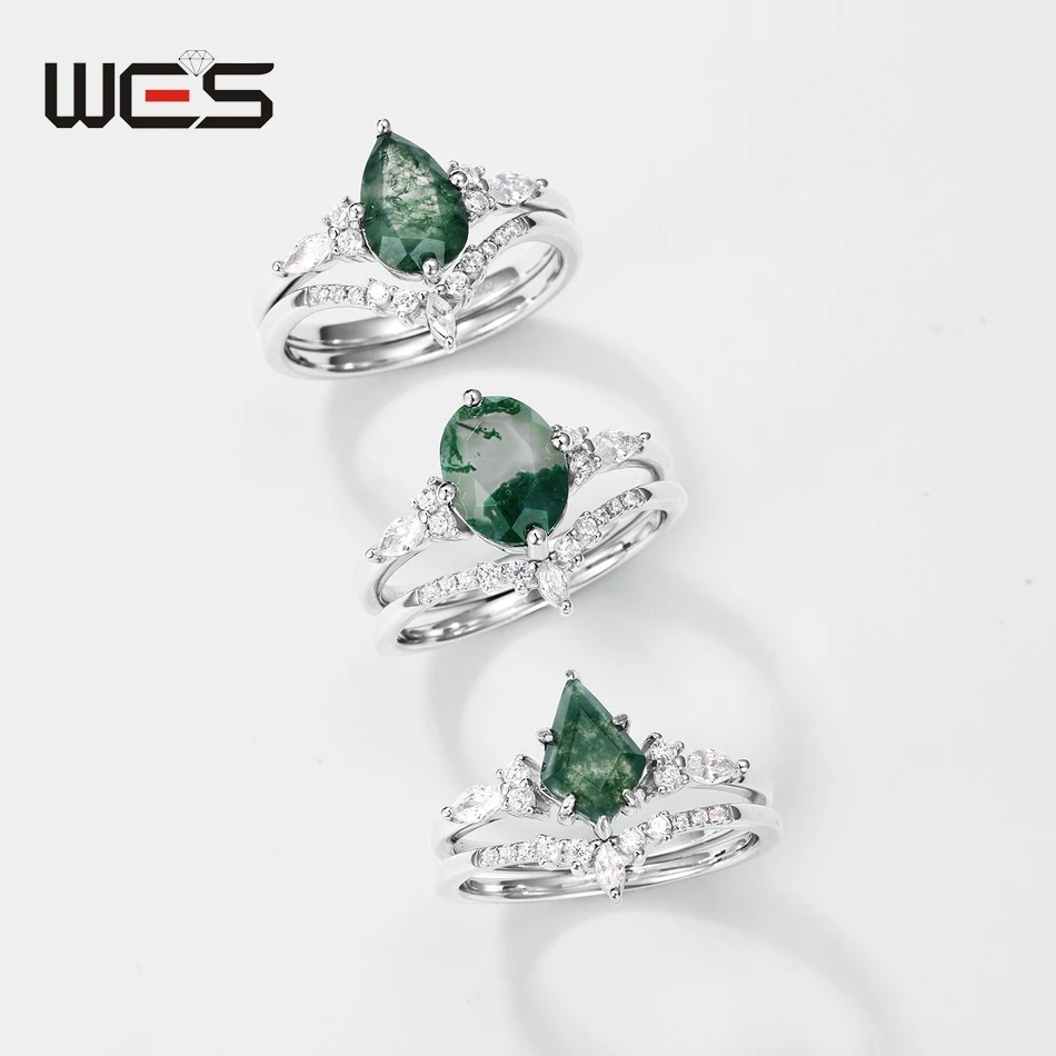 

WES Kite Cut Natural Unique Moss Agate Ring for Woman 925 Sterling Silver Ring Bridal Set Wedding Gift Leaf Forest Jewelry