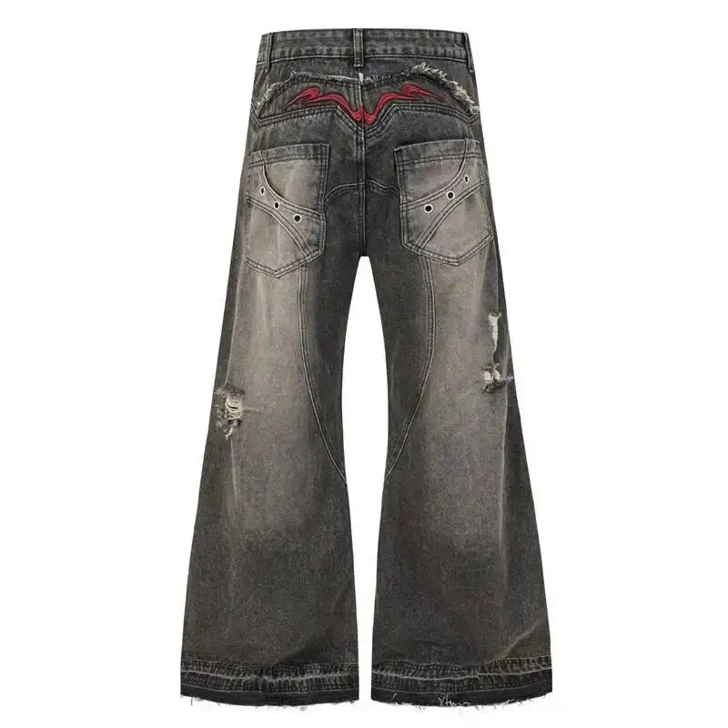 Niche Three-dimensional Cut Raw-edge Embroidered Zipper Dark-toned Men's Jeans Loose Fit Slightly Flared Denim Pants VECN