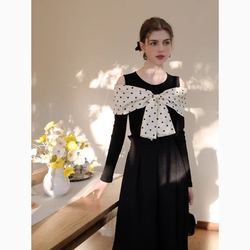 Kimotimo T Shirt Women French Retro Bow Polka Dot Patchwork Off Shoulder Long Sleeve Crop Tops 2204 Autumn Y2k Slim Tee Pullover image 2