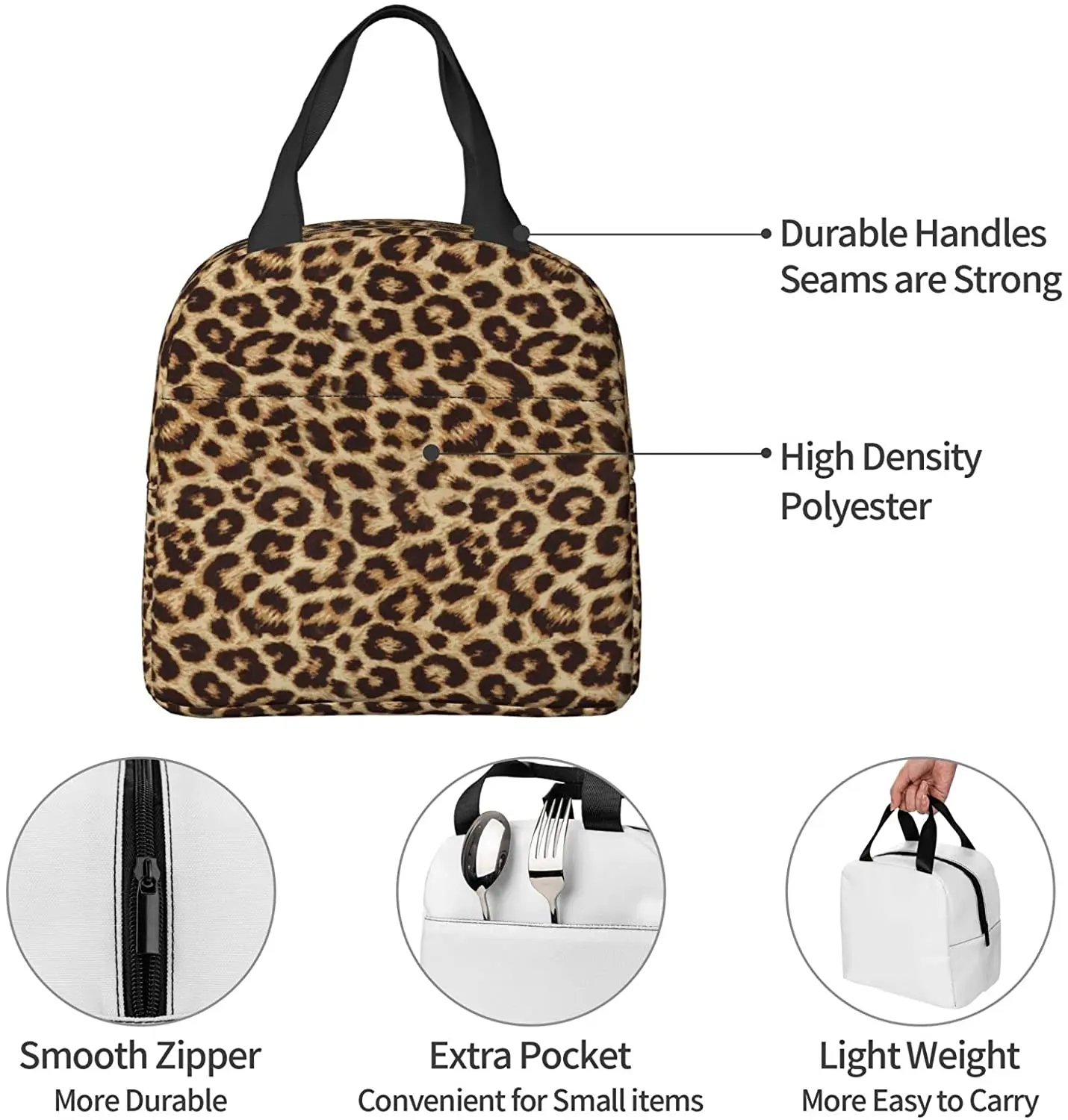 Leopard Print Lunch Bag Insulated Reusable Lunch Box Thermal Tote Bag Container Cooler Bag for Women Men Travel Picnic Beach