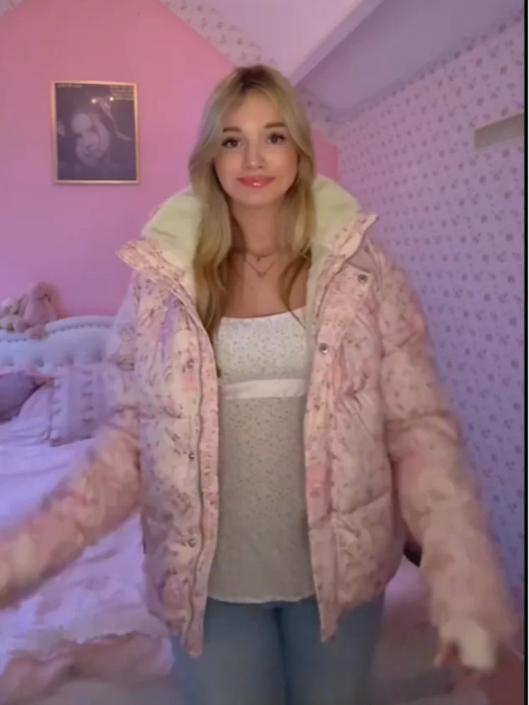 سترة نسائية قطنية مطبوعة باللون الوردي مع قبعة وسحاب وجيوب من الصوف الداخلي سترات نسائية شتوية أنيقة ملابس خارجية دافئة للسيدات