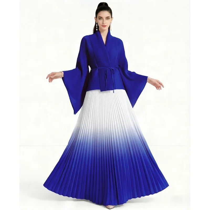 Miyake plissado conjunto de saia feminina 2026 europeu médio oriente novo plus size cardigan feminino superior plissado elástico saia longa 2 peças