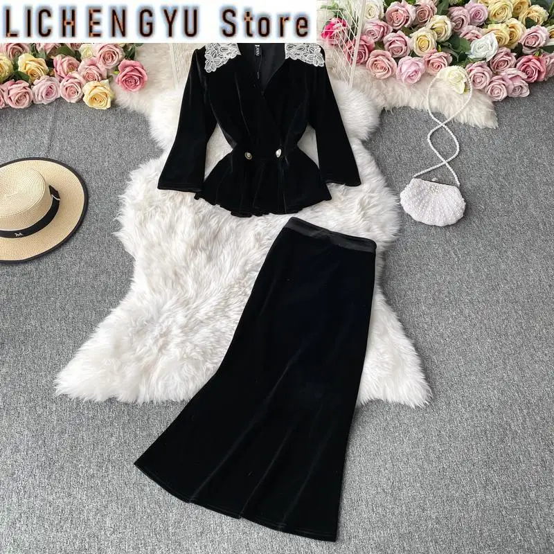 

Sweet Casual Two Piece Set For Women V-neck Velvet Button Patchwork Coat Hip Warp Skirts Suits Autumn New