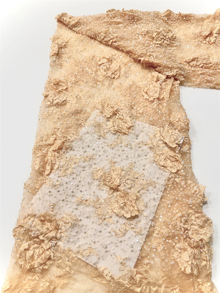 

2026 Роскошная 3D нигерийская кружевная ткань с бисером, французский сетчатый тюль, блестки, жемчужная вышивка, африканская кружевная ткань