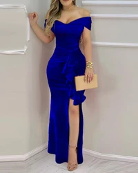 Elegant Velvet Off Shoulder Dress Women Long Dress 2025 Fashion Ruffle Hem Split Maxi Dress Blue Roupas Party Femininas Vestidos