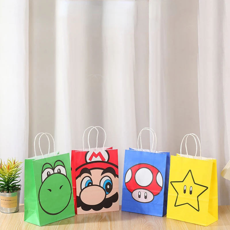 

Super Mario Bros Tote Gift Bags Mario Luigi Mushroom Anime Figures Toys Kraft Paper Candy Bag Party Supplies Kids Birthday Gifts