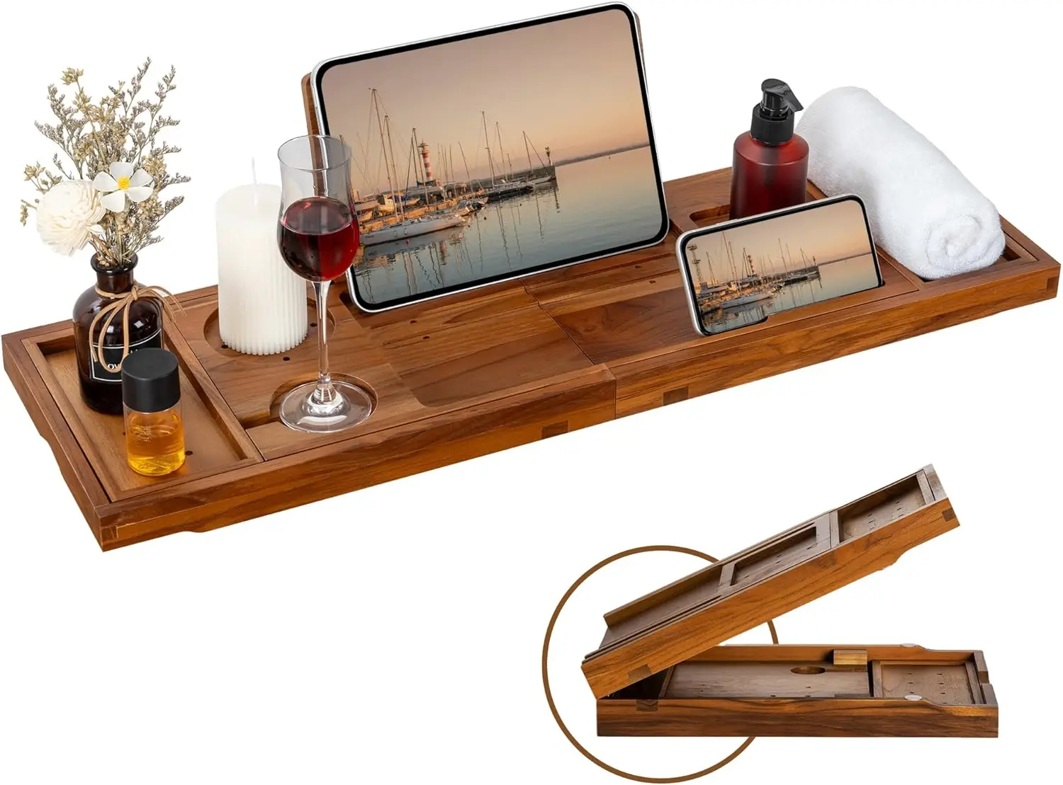 

Expandable Teak Bathtub Tray with Wine Glass and Phone Holders, Perfect for Spa Relaxation and Reading in Light Walnut