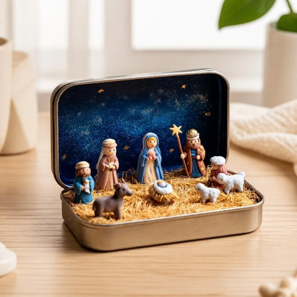 3D Printed Christmas Nativity Figurine Set Tin Box Pack Tabletop Statue Religious Scene Desk Home Decor Holiday Xmas Party Gifts