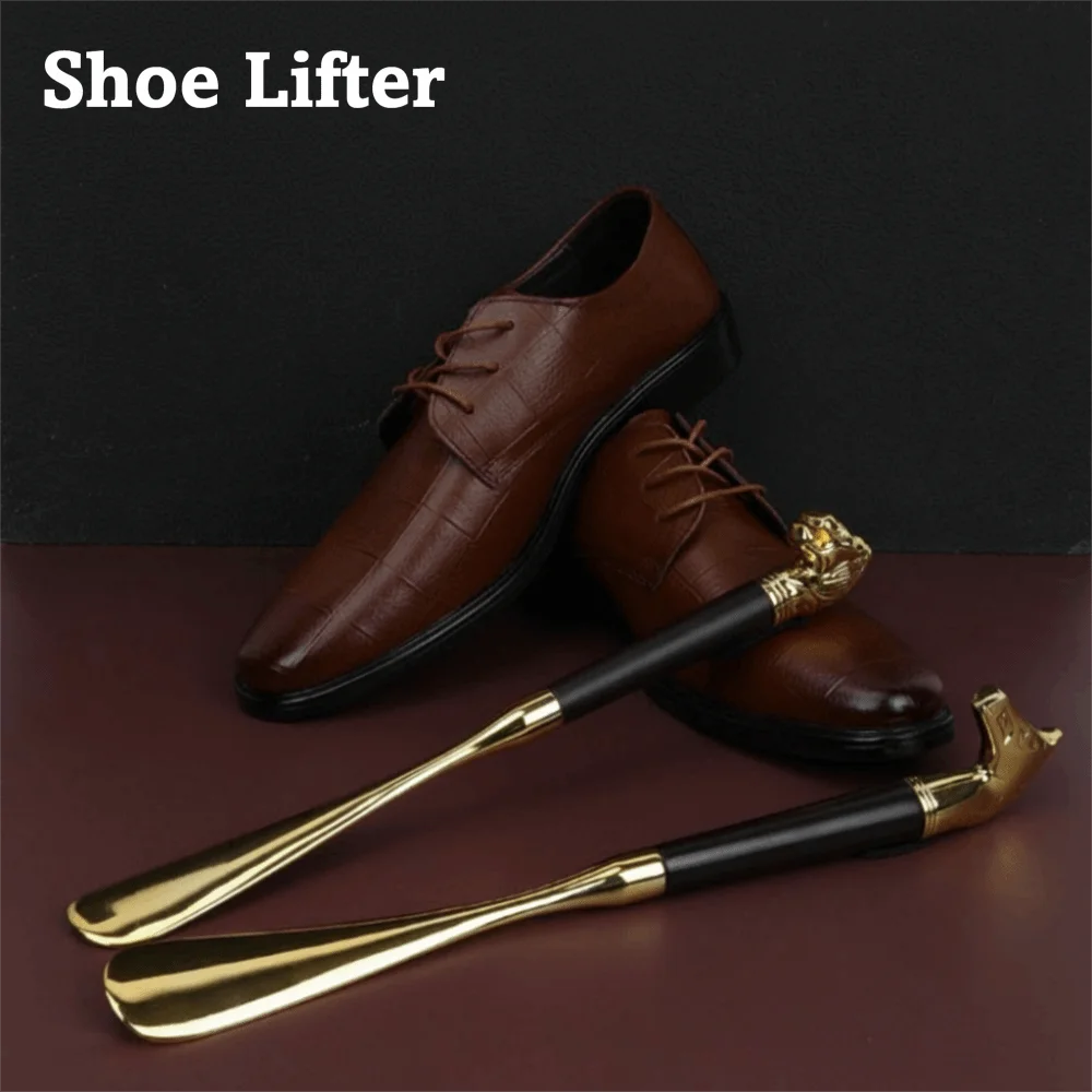 Portable Shoe Lifter Alloy Handheld Wood Handle Shoehorn Spoon Shape 32cm Length Long Handle Shoehorn for Wearing Shoes