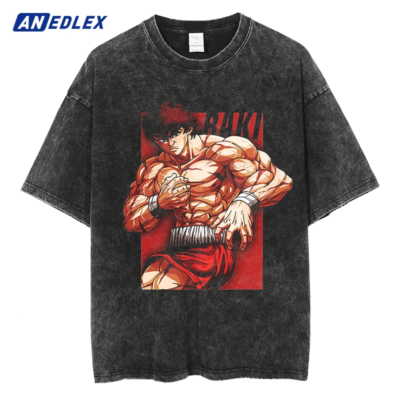 

Men Streetwear Harajuku Japanese Anime Baki Hanma Printed T-shirt Vintage Washed Oversized Tshirt Summer Casual Cotton Tops Tees