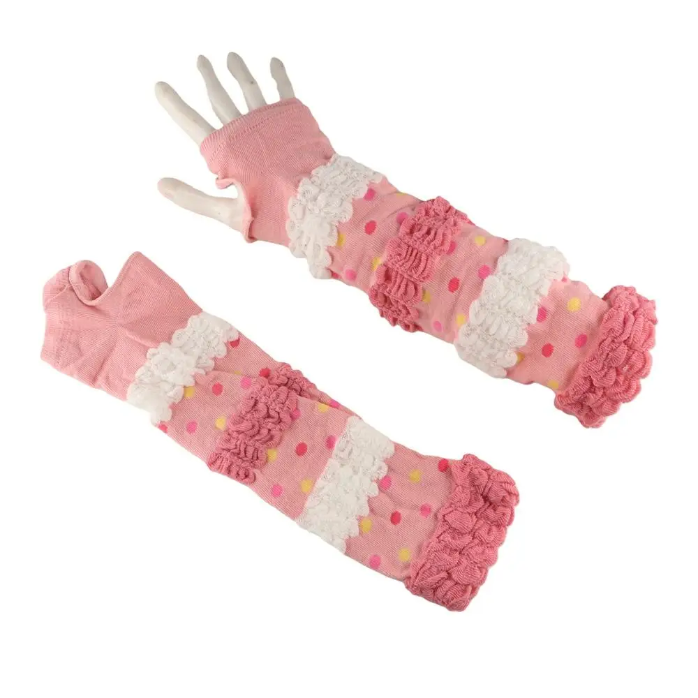 

2 Pairs Long Y2K Knitted Arm Sleeves Pink Dot Sun Protection JK Lolita Sunscreen Hand Gloves Fingerless Gloves Anti-UV