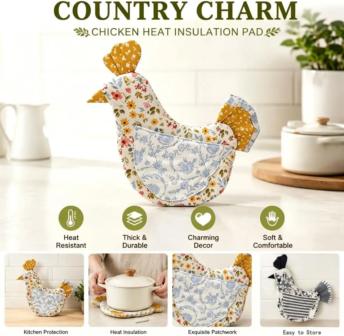 Handmade Hen Shaped Oven Mitt & Pot Holder Set Heat Resistant Kitchen Glove and Hot Pad Cooking Accessory for Baking, Kitchen De