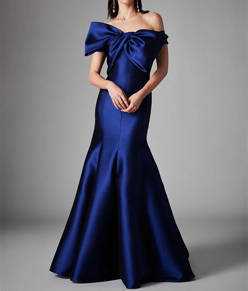 Elegant Long Off Shoulder Blue Satin Evening Dresses Mermaid Pleated Floor Length Prom Dress Wedding Guest Dress for Women