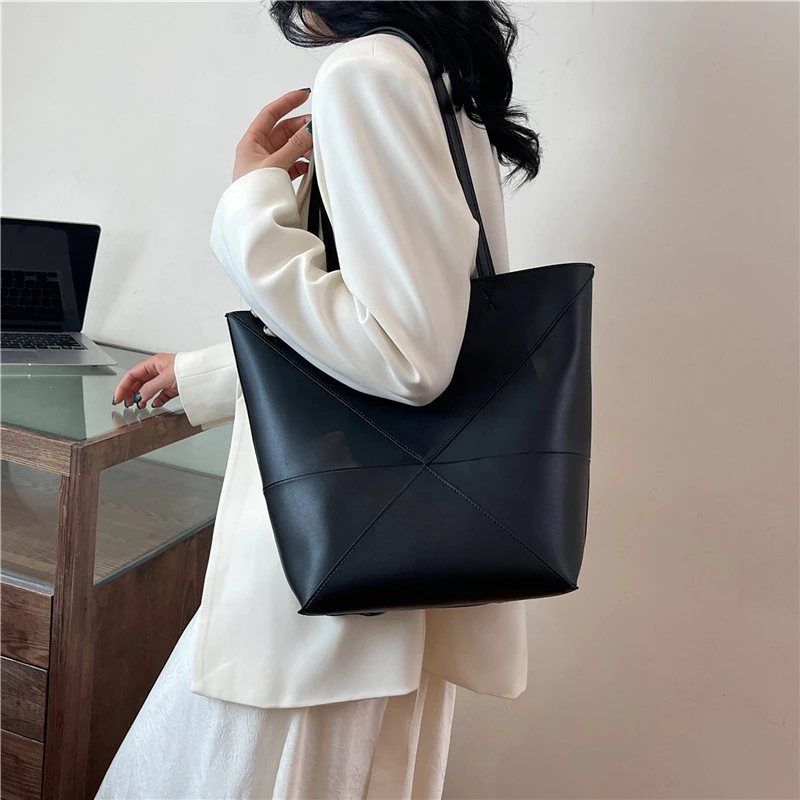 Große Kapazität Tasche Für Frauen Pu Leder Handtasche Designer Eimer Schulter Tasche Weibliche Top Griff Tote Einfache Reisetasche Schwarz – Detail 6