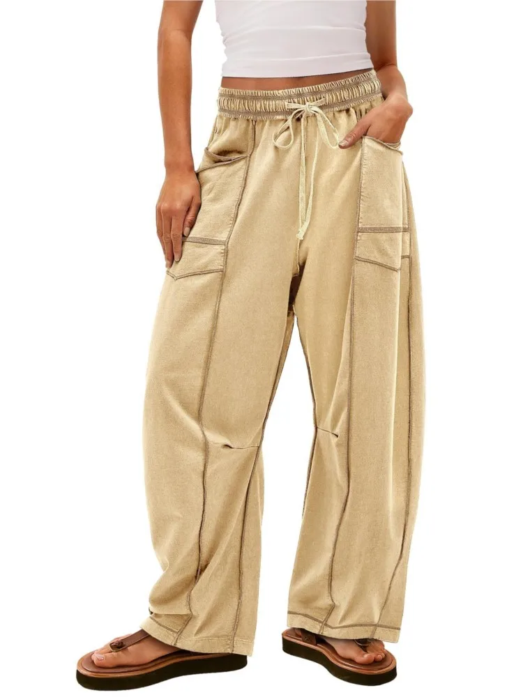 New Autumn Women's Casual Loose Pocket Wide-leg Sports Pants Fashion Solid Drawstring Waist Casual Pants Jogging Sportswear