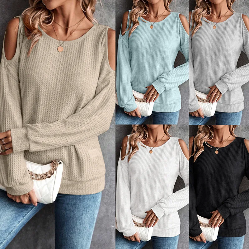 Women's T-shirts 2026 Europe, America, Autumn And Winter New Off-the-shoulder Back Button Long-sleeved T-shirt Top Women's Cloth