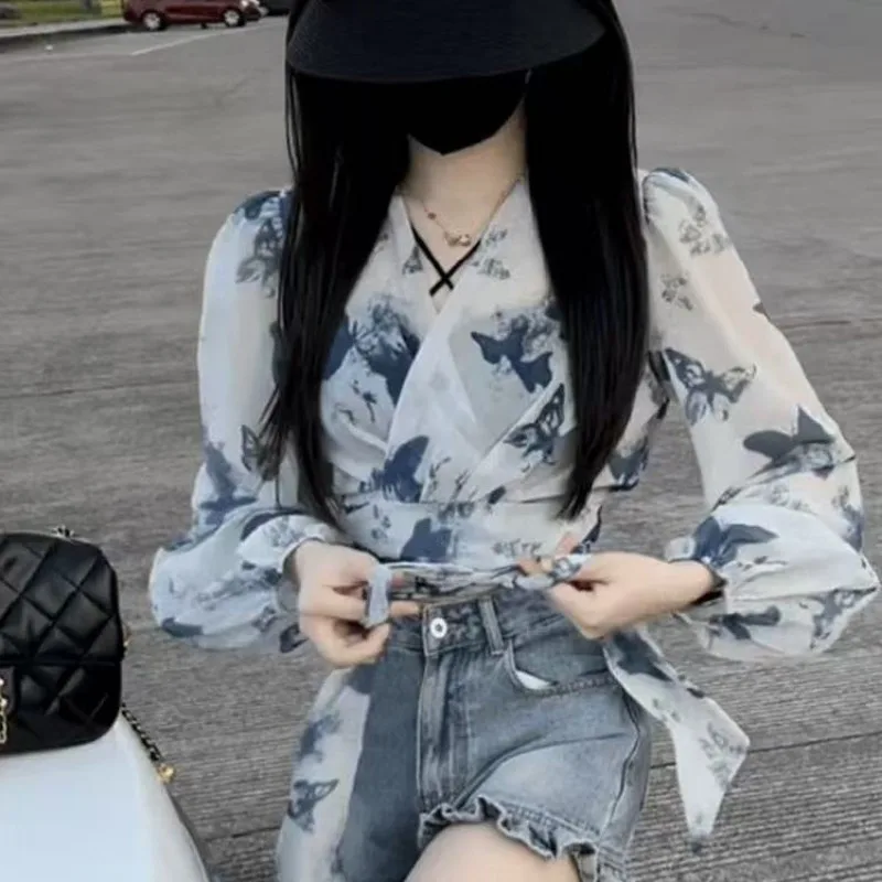 Elegantes Damen-Hemd mit V-Ausschnitt, Damen-Cardigan-Blusen mit Frühlings-Tinten-Print