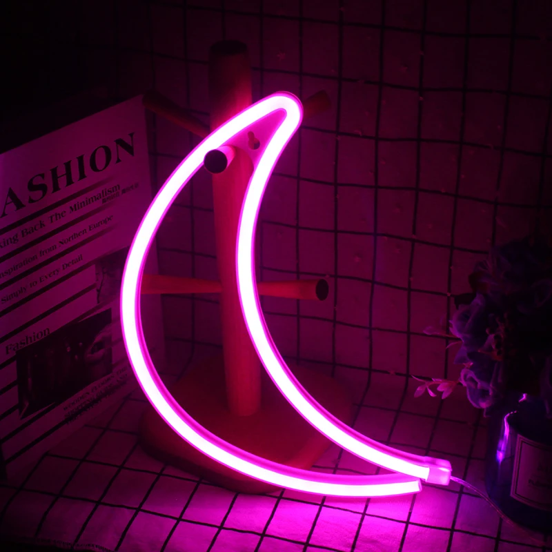 Led Neon Teken Licht Roze Maan Vormige Muur Art Tekenen Slaapkamer Decoratie Opknoping Lamp Thuis Party Lights Usb Batterij Neon art Gift