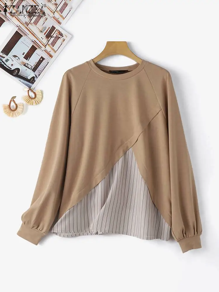 Zanzea Herbst gefälschte zweiteilige Sweatshirts Frauen Langarm ol Bluse lässig lose Tops Tunika weibliche gestreifte Patchwork Pullover