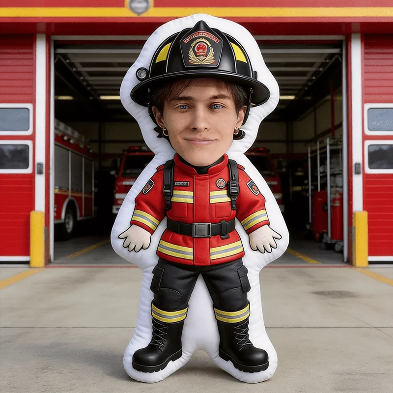Custom Photo Firefighter Uniform Pillow Personalized Red Black Shaped Decor Cushion Double Sided Print Gift for Home