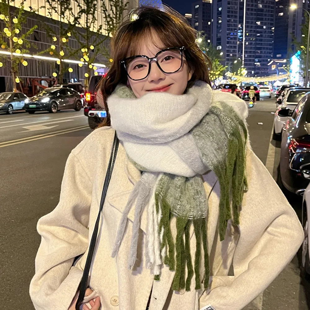 

Корейский стиль: Радужный кашемировый шарф-палантин, утолщенный, ветрозащитный, вязаный, в полоску, теплый, разноцветный, длинный, с бахромой, для женщин/мужчин