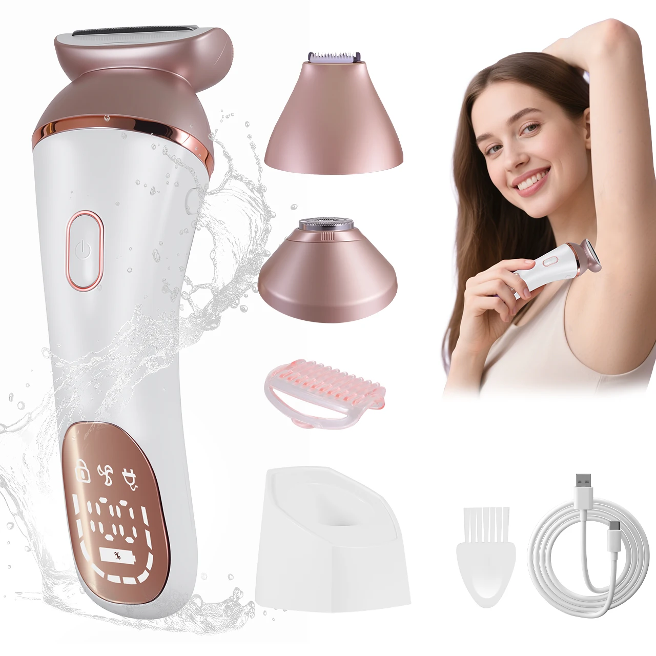 

3-in-1 Women's Electric Body Trimmer Shaver IPX7 Waterproof Rechargeable LED Display for Leg Armpit Bikini Facial Hair